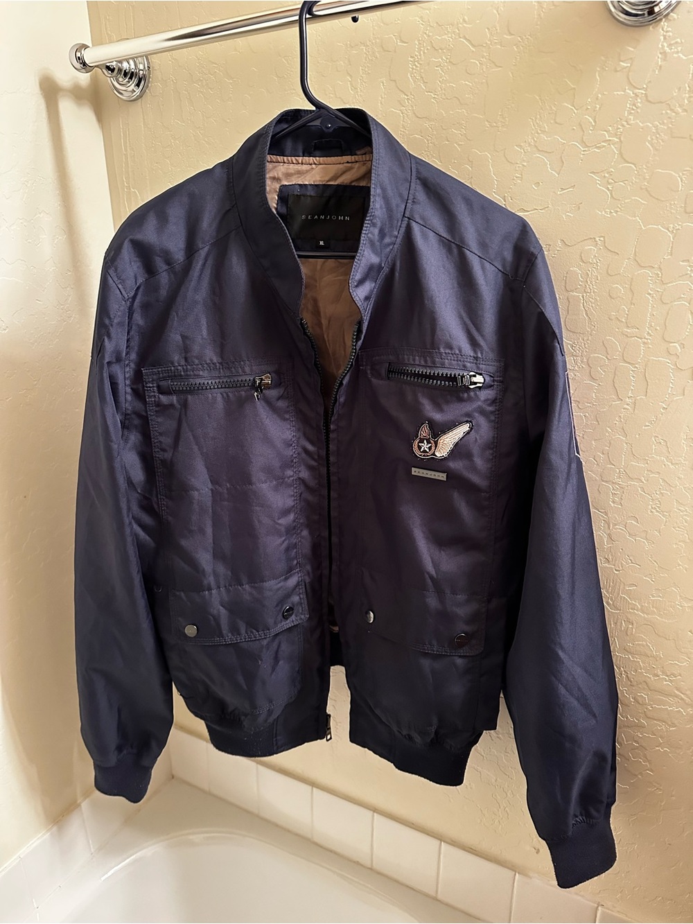 Y2K Retro Sean John Mens Classic Military Flight Bomber Jacket Navy Blue Size XL